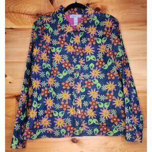 ANALOGY Jean Floral Jacket Blue Green Yellow Pink Orange Flowers Sz Large